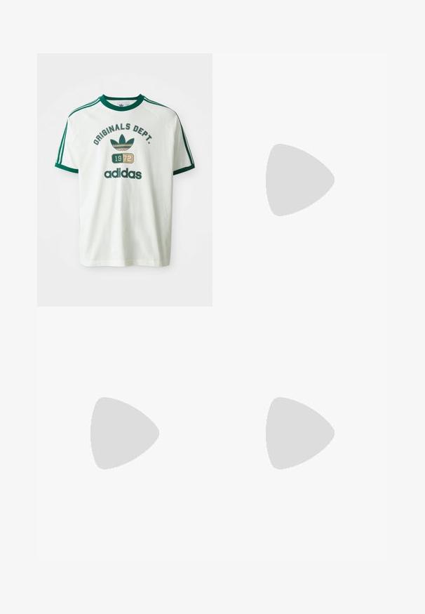 T-shirt branca de manga curta com detalhes verdes, apresentando os gráficos "ORIGINALS DEPT." e "adidas", e um logótipo de estilo vintage de 1972.; Calças brancas com um padrão texturizado, apresentando um cós elástico e corte reto. Material suave, leve, adequado para uso casual.; adidas Originals SAMBA OG UNISEX - Sapatilhas - alumina/medium dark khaki/gum; Bolsa de couro branca com detalhes em verde, apresentando um logotipo em relevo proeminente, duas alças, uma alça destacável e um bolso frontal com fecho éclair.