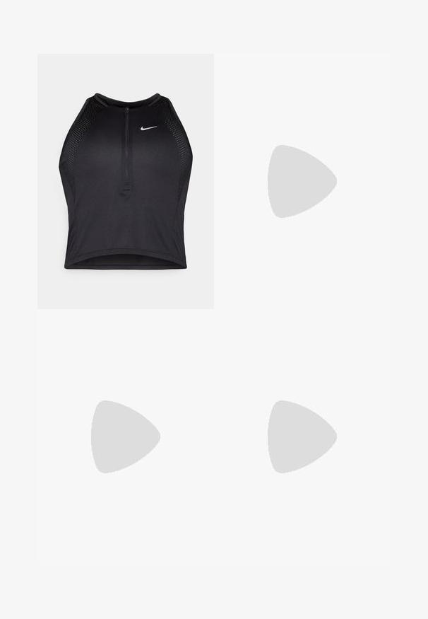 Top corto atletico nero con zip frontale, dettagli in rete e un design aderente. Realizzato in tessuto elasticizzato e traspirante. Logo Nike sul davanti.; Shorts sportivi neri con un elastico arricciato in vita, fodera interna e logo Nike bianco sul lato sinistro in basso. Tessuto liscio e leggero.; Nike Performance VOMERO 18 - Scarpe da corsa su strada - pale ivory/dark team red/red sepia/silt red/phantom; Occhiali da sole sportivi neri con lenti a gradiente rosa e viola e design geometrico elegante. Presentano un ponte nasale regolabile e un accento con logo sull'asta.