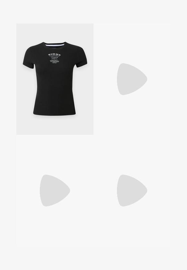 Melnā ribota t-kreklu ar īsām piedurknēm, kas rotāta ar balto "TOMMY JEANS" logotipu un tekstu nolietotā stilā krūšu rajonā.; Baltas plisēts svārks ar tumši zilām jostām, kurā iešūta Lacoste logo un sarkani akcenti. Izgatavots no gludas, mīkstas auduma.; Baltas sporta apavs ar gludu virsmu, ar melnu papēža akcentu un zeltītu metāla detaļu uz vidus zoles. Saista dizains, gumijas zole.; Melna sintētiska soma ar augšējiem rokturiem, noņemamu plecu siksniņu, apaļu formu, gludu tekstūru un sudraba logotipa akcentu priekšpusē.