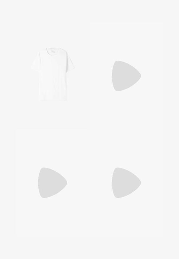 White cotton T-shirt with short sleeves, crew neck, and a relaxed fit. Smooth texture, no patterns or graphics, minimal branding on the label.; Navy blue cotton chinos with a straight leg design, featuring a button closure, belt loops, and side pockets. Minimal texture, no patterns.; White leather sneaker with a smooth finish, round toe, flat laces, and a textured sole. Features a subtle logo on the heel.; Silver chain necklace featuring a large, ornate cross pendant with sharp accents and a polished finish. The chain is thick and flat.