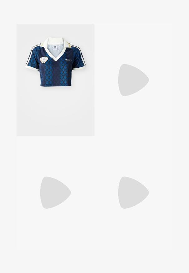 Cropped blue and green patterned polo shirt featuring a white collar, white sleeve cuffs, and an emblem on the chest. Made of lightweight fabric.; Wide-leg trousers in cream fabric with vertical brown stripes, featuring a button closure and front pleats for added design detail.; Pink suede sneaker with cream stripes, round laces, and a textured tongue. Features a gum rubber sole and a logo on the heel.; Aviator sunglasses featuring a gradient blue lens, silver metal frame, and decorative star accents on the lens. Smooth and sleek design.