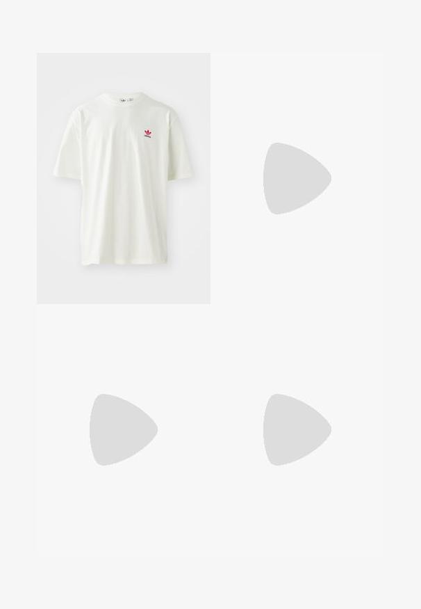 White cotton T-shirt featuring a round neck, short sleeves, and a small red and black Adidas logo on the left chest area.; Beige chinos made of cotton blend, featuring an elastic waistband with a drawstring, and side pleats for added comfort and style.; High-top beige canvas sneakers with red stripe, white rubber sole, and metal eyelets, featuring iconic star logo on the side.; Olive green canvas tote bag with logo print, dual handles, square shape, visible stitching, and no additional patterns or accents.