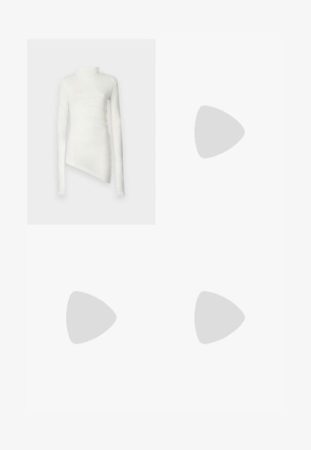 White long-sleeve top with a high neckline, featuring an asymmetrical hemline and textured fabric that drapes softly. Smooth, fitted design.; Navy blue, wide-leg trousers made from soft, stretchy fabric, featuring a smooth waistband and discreet side pockets.; Black leather ballet flat with a rounded toe, smooth texture, minimal stitching detail, and a flexible sole design.; Brown leather handbag with a flap closure, gold-tone hardware, a shoulder strap, and a smooth texture. Compact rectangular shape.