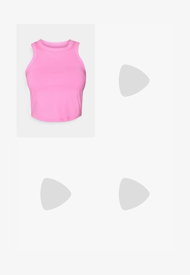 Top cropped rosa com um decote alto e design sem mangas. Feito de um tecido liso e elástico, sem padrões ou acessórios visíveis.; Calções atléticos roxos com uma cintura elástica, feitos de um tecido leve, apresentando um pequeno logótipo branco da Nike na parte inferior da frente.; Sapatilha de corrida com um cabedal leve em creme, marcação azul e detalhes laranja na sola. Textura em malha para maior respirabilidade.; Óculos de sol com armação branca e grandes lentes degradê, apresentando um tom que vai do rosa ao laranja claro, realçados por um apoio nasal azul e detalhe do logótipo.