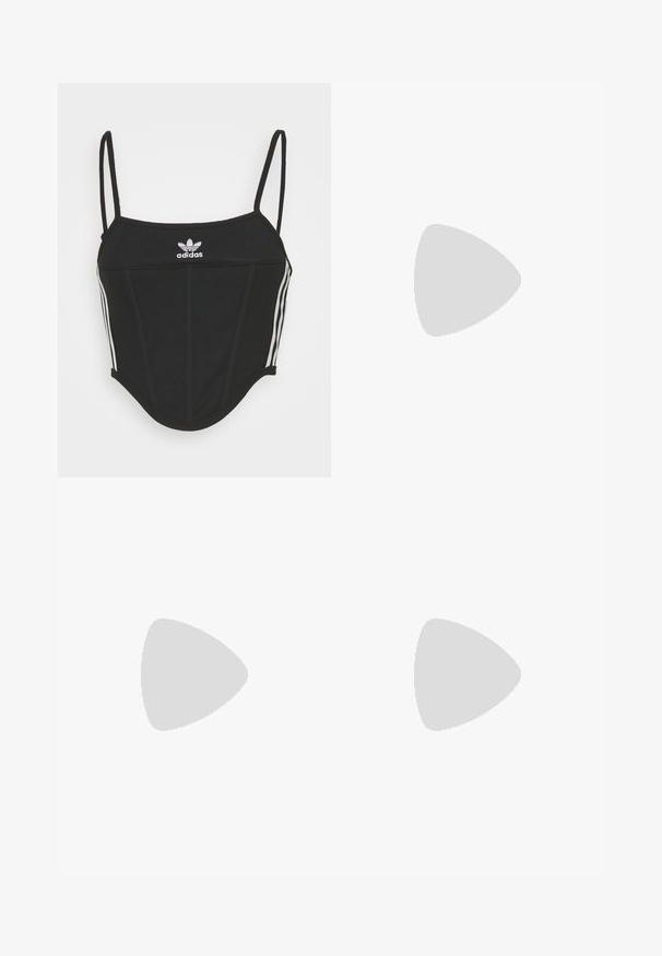 Juodas juostuotas trumpas viršus su reguliuojamomis plonomis petnešomis, puikuojantis trimis baltomis juostelėmis šonuose ir mažuoju balto Adidas logotipu centre.; Juodas midi sijonas, pagamintas iš glotnaus audinio, su prigludusia siluetu, šoninėmis plyšiais ir elastinga juosmens juosta patogumui.; Juodi sportiniai bateliai su zomšos ir sintetine viršutine dalimi, turintys tris baltas juosteles, tekstūruotą gumos pado paviršių ir mėlyną logotipo etiketę ant liežuvėlio.; Sidabrinė tinklinė chokerys grandinėlė su stilingu, lankstiu dizainu. Turimi vėriniai su krabų užsegimu ir prailginimo grandinėle, kad būtų galima reguliuoti ilgį.