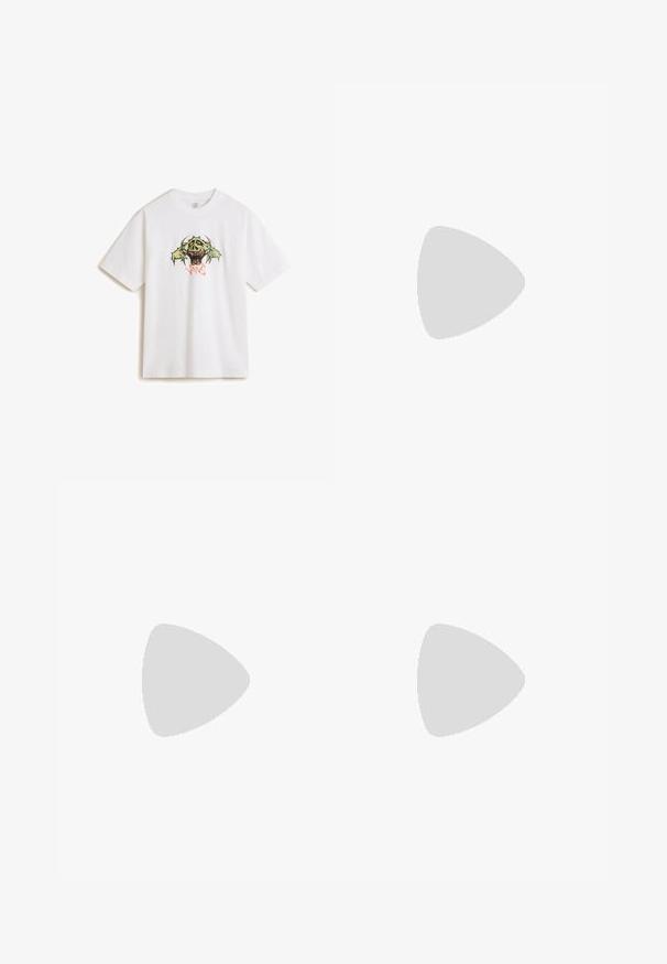 Vans GOOFY GHOUL - T-shirt imprimé - white; Shorts en denim beige avec une coupe décontractée, dotés de deux poches avant et d'une poche latérale, taille structurée et détails de décoloration légère.; Un pantalon large à carreaux marron et bleu associé à des chaussures blanches avec des accents noirs et des semelles texturées, le tout sur fond vert.; Lunettes de soleil octogonales marron avec des montures en métal noir fin, des plaquettes de nez ajustables et des verres teintés marron ; les branches présentent un accent orange.