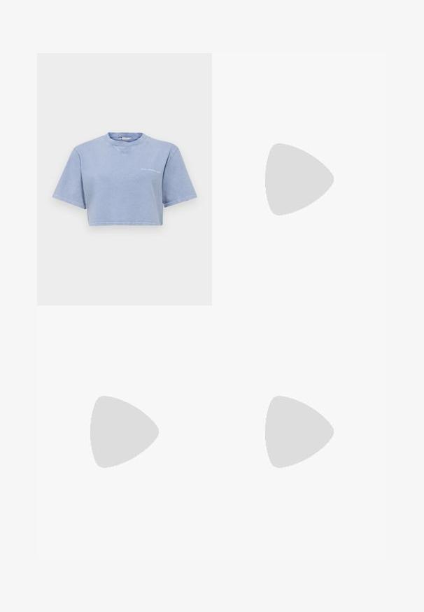 Cropped light blue t-shirt made of soft fabric, featuring short sleeves, a round neckline, and a small graphic print on the front.; Navy blue skirt with a floral print featuring blue and white flowers. Fabric is smooth with pleats and a wide hem.; White low-top sneakers with perforated design, flat laces, and a textured rubber sole. Features a minimalistic style and soft finish.; Cowl-neck, deep red dress with a smooth texture. Features a pearl necklace with a decorative silver accent at the center.