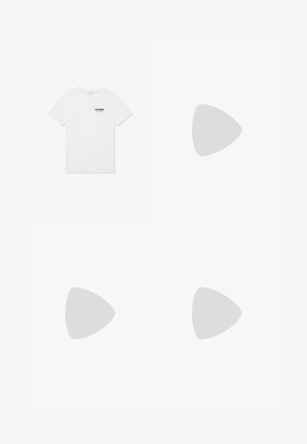 Valge puuvillane T-särk ümmarguse kaelusega, mille vasakul poolel on roheline logo ja tekst. Lühikesed varrukad, lihtne disain, ilma mustriteta.; Valged puuvillased cargo püksid, sirge säärte disainiga, kahte külgpocketit ja kahte cargo taskut reitel.; Mustavad ja hallid spordikingad, millel on restmaterjalist pealis, skulpteeritud tald ja kummist väljalõige. Omavad kindlat kinnitusüsteemi ja tõmbenuppu kandadel.; Mustade ristküliku kuju prillid tumedate läätsedega, millel on eriline kuju ja bränding templil. Kanda inimese poolt, kellel on seljas roheline särk.