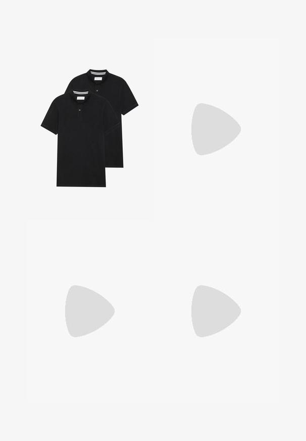 Two black polo shirts, short-sleeved, cotton material, featuring a classic collar, two-button placket, and white striped accents inside the collar.; Black linen trousers with a tailored fit, featuring a single front button, pleats, and straight legs. Smooth texture with a lightweight finish.; Black leather slip-on shoe with a smooth upper, stitched accents, rounded toe, and a low rubber heel. Sole features minimal tread.; Five silver rings: one with a black circular detail, one with a white and black geometric pattern, and others with various shapes and finishes.; Five silver rings: one with a black circular detail, one with a white and black geometric pattern, and others with various shapes and finishes.