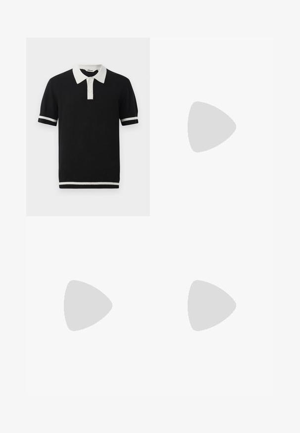 Camisa polo preta de manga curta com colarinho branco, dois botões brancos e riscas brancas nas mangas e na bainha.; Calças de fato cinzentas feitas de tecido suave, apresentando um cós elástico, bolsos laterais e pernas ajustadas. Textura suave e detalhes mínimos.; Sapatilha atlética branca com parte superior em malha texturada, detalhes refletivos e sola acolchoada. Logótipo da marca destacado na lateral.; Óculos de sol pretos com acabamento mate, lentes retangulares, leve curvatura nas hastes, detalhe sutil do logo e lentes de cor fumada.