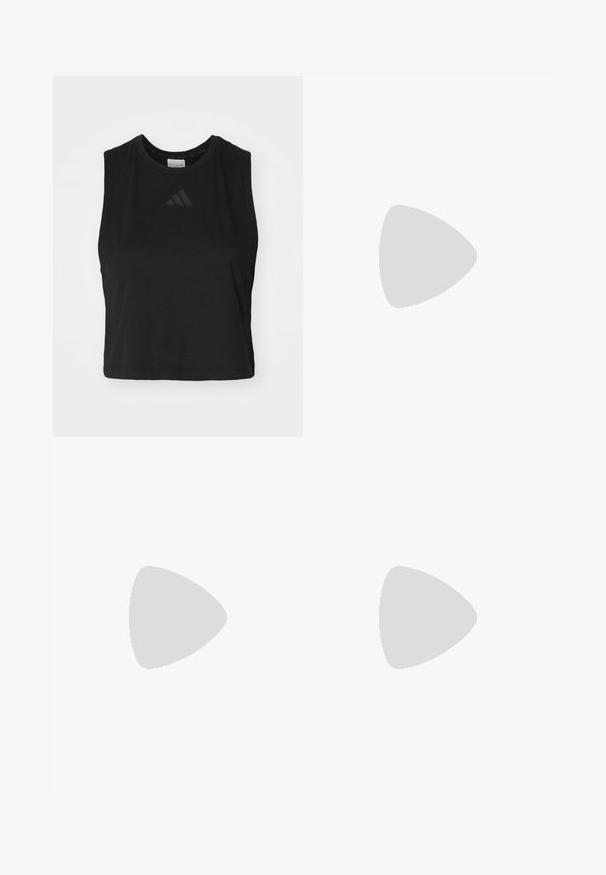 Black cropped sleeveless top made from soft fabric, featuring a rounded neckline and a subtle embossed logo on the chest.; Pink athletic shorts with an elastic waistband, side white stripe detailing, and a small logo on the lower left front. Smooth fabric texture.; Footwear: flat sandals with adjustable straps in peach, tan, and cream. Rubber sole with textured surface, brown accents, and black base.; Pink patent handbag with a black logo and handles, featuring a rounded shape and zipper closure. Glossy texture enhances visibility.
