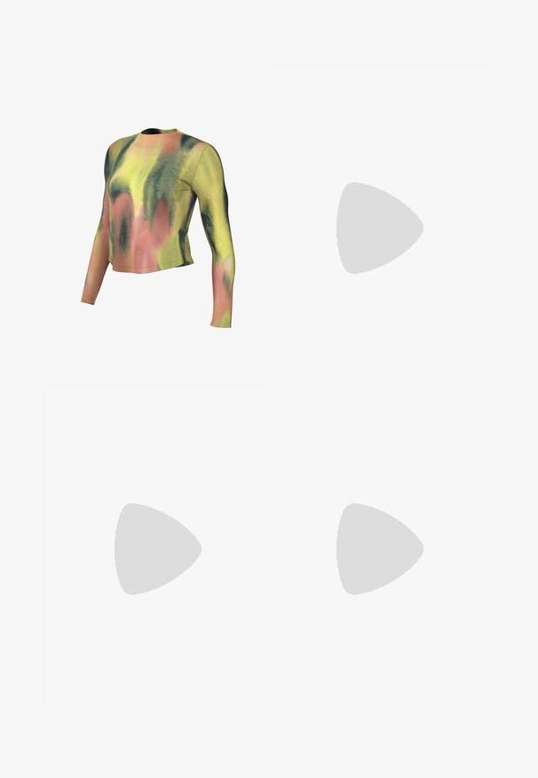 Top scurt cu mânecă lungă, într-un model tie-dye, care prezintă nuanțe de verde, galben și roz. Este confecționat dintr-un material moale, cu guler rotund și o croială ajustată.; Pantaloni scurți atletici negri, confecționați dintr-un material elastic, cu un talie înaltă și un mic logo alb în colțul din dreapta jos.; Nike Performance FREE RN FK NATURE - Pantofi de alergare pe asfalt - lilac bloom/black/barely grape/vivid purple; Ochelari de soare cu un cadru alb-negru, lentile mari, cu oglindă în nuanțe de aur și roz, design aerodinamic și un contur exterior extins.