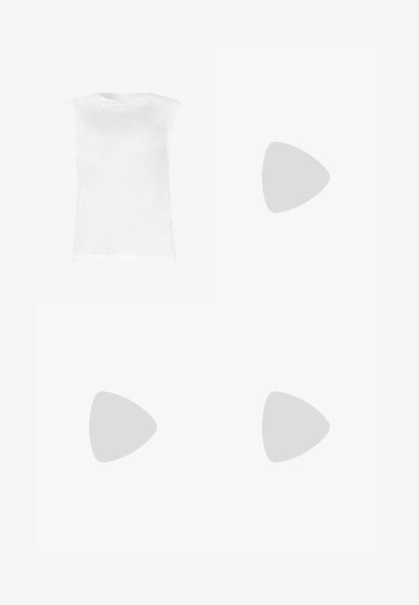White sleeveless top made of lightweight fabric, featuring a round neckline and a slightly fitted shape. No visible patterns or embellishments.; Dark blue denim jeans featuring a straight-leg design, subtle fading, front pockets, and a classic button fastening at the waist.; White leather sneaker with a smooth surface, round toe, flat sole, and tan suede accent at the heel. Features white laces and logo detail.; Black leather clutch bag with a rectangular shape, smooth texture, a flat flap closure, and a small handle on the side. Features subtle logo.