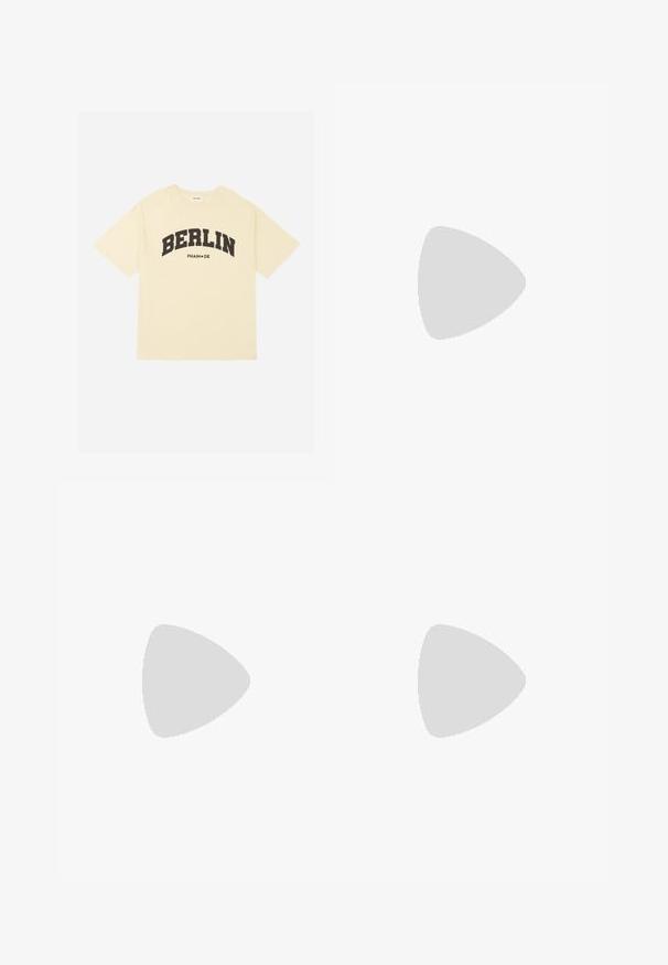 Gelbes Baumwoll-T-Shirt mit kurzen Ärmeln, das ein schwarzes "BERLIN"-Grafik im Bogen und darunter den Text "FHÁIN•DE" in einer fetten Schrift zeigt.; Weiße Denim-Jeans mit glatter Textur, ausgestattet mit einem doppelt genähten Bund, vorderen Taschen und metallischen Hardware-Akzenten.; Schwarze Sandalen mit zwei breiten Riemen, verziert mit dekorativen Nieten und detaillierten Schnallen, auf einer robusten strukturierten Gummisohle.; Runde Sonnenbrillen mit goldfarbenen Metallrahmen und dunkelgrünen Gläsern. Die Bügel haben ein Schildpatt-Muster für zusätzliche Details.; Schwarze Handtasche aus Kunstleder mit gestepptem Muster, geschwungener Form, silberner Kettenriemen und einem kleinen Logo-Akzent auf der Vorderseite.