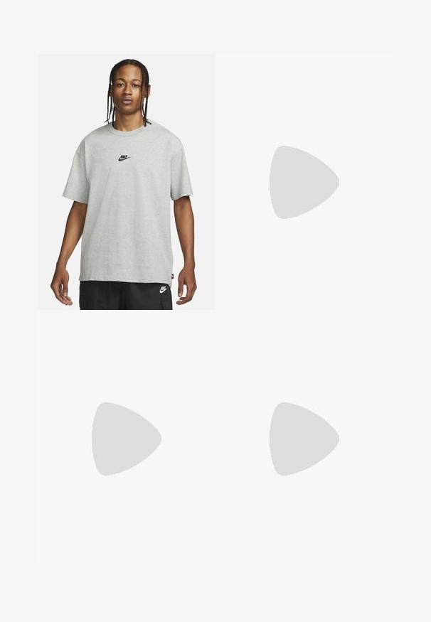 Young person with braided hair wearing a light gray Nike T-shirt and black Nike shorts against a plain white background.; Black cargo pants made of cotton-blend fabric; feature a drawstring waist, multiple side pockets, and tapered cuffs at the ankles.; White leather sneakers with perforations, round toe, flat sole, and thick laces, featuring a visible swoosh logo and "AIR" on the heel.; Silver stainless steel wristwatch with a navy blue dial, metallic hour markers, and a date window at 3 o'clock. Water-resistant to 50 meters.