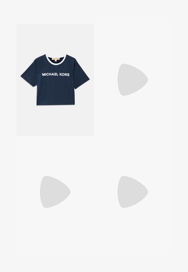 Navy blue crop t-shirt made of cotton, featuring a white ribbed collar and embroidered "MICHAEL KORS" logo at the front. Short sleeves.; Denim skirt with a photo print of jeans on white fabric. Features standard waistline, side slit, and detailed stitching on pockets.; Black patent slingback heel with a pointed toe, featuring textured snake print, adjustable strap, and a short, textured block heel.; Black leather crossbody bag with two front pockets, gold buckles, zipper closure, and a slim strap. Textured surface and compact rectangular shape.