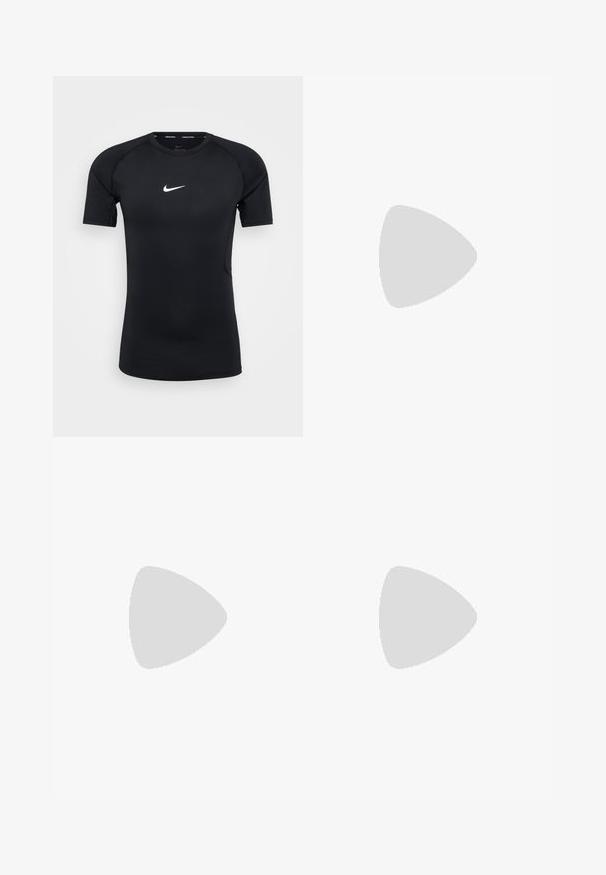 Black short-sleeve athletic shirt with a fitted design. Features a round neck and a small white Nike logo on the chest. Made of stretchy material.; Black athletic shorts with a smooth texture, elastic waistband, and two side pockets. Features a small logo on the bottom right side.; Lightweight athletic shoes in olive green with a textured mesh upper, black accents, and visible lacing. Worn with white socks and shorts.; Black Nike backpack with multiple zippered compartments, adjustable straps, and a textured pattern. Material appears durable and weather-resistant.