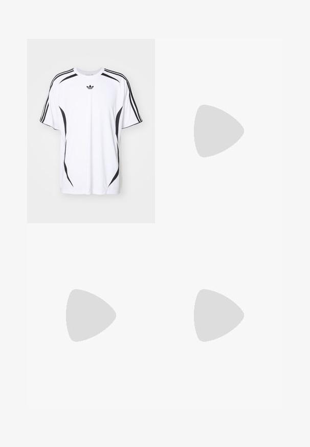 T-shirt bianco a maniche corte con dettagli neri ai lati e tre strisce nere sulle spalle. Include un piccolo logo nero sul petto.; Shorts di velluto a coste verde chiaro con vita elasticizzata e coulisse. Presentano tasche laterali e dettagli di cucitura discreti.; Sneaker beige con strisce verdi, con suola bianca e tomaia in pelle liscia. Vista laterale che evidenzia i dettagli dei lacci e il logo.; Occhiali da sole con montatura bianca trasparente e lenti multicolori riflettenti. Presentano un design sportivo e una forma aerodinamica.