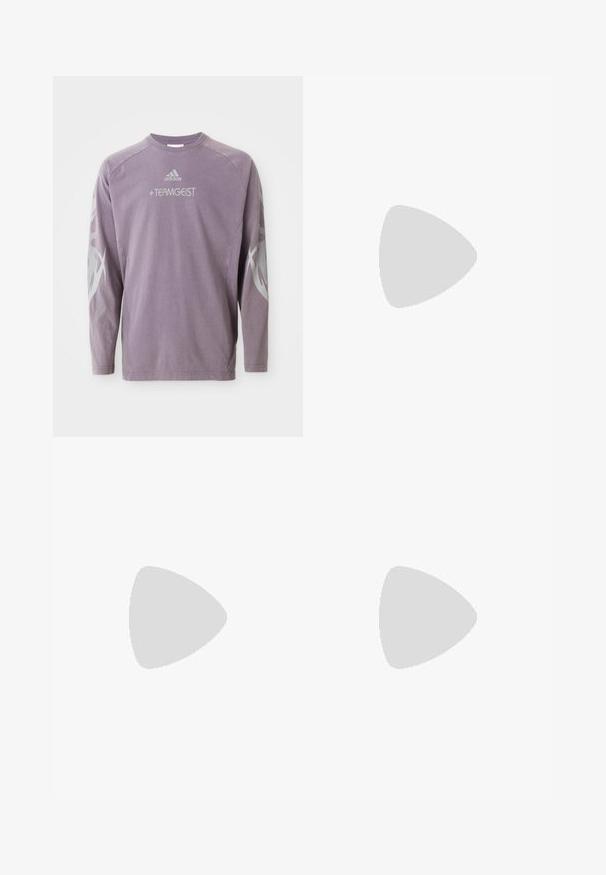 Langærmet lilla sweatshirt lavet af bomuld, med rund halsudskæring, "TEAMGEIST" tryk og abstrakte grå grafik på ærmerne. Adidas-logoet er til stede.; adidas Performance ALL ME ESSENTIALS SHORT LEGGINGS - Tights - purple burst; Hvid sportssko med lysegrønne accenter, mesh-overdel, gummisål og teksturerede detaljer. Har "LIGHT BOOST" branding på siden.; Grå solbriller med en tekstureret, mønstret ramme. Ovale linser og slanke arme har en sort accent. Letvægts kompositmateriale.