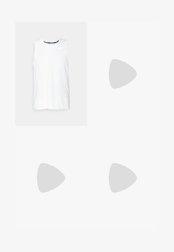 Balta be rankovių Nike bėgimo marškinėliai su apvaliu kaklu, lygiu paviršiumi ir juodu Nike logotipu viršutinėje kairėje krūtinės pusėje.; Juodi šortai, pagaminti iš lengvos medžiagos, turi tiesaus turto dizainą, plokščią priekinę dalį ir vieną mygtuko uždarymą su diržo kilpomis.; Balti sportiniai batai su orui pralaidžia viršutine dalimi, lygaus tekstūros apdaila, pilkais akcentais, raišteliais ir paminkštintu padu, skirtu našumui užtikrinti.; Akiniai nuo saulės su balta rėmeliu, pilkų akcentų ir mėlynais veidrodiniais objektyvais. Sportiškas dizainas, aplink galvą prilipusios formos ir reguliuojamos nosies pagalvėlės.