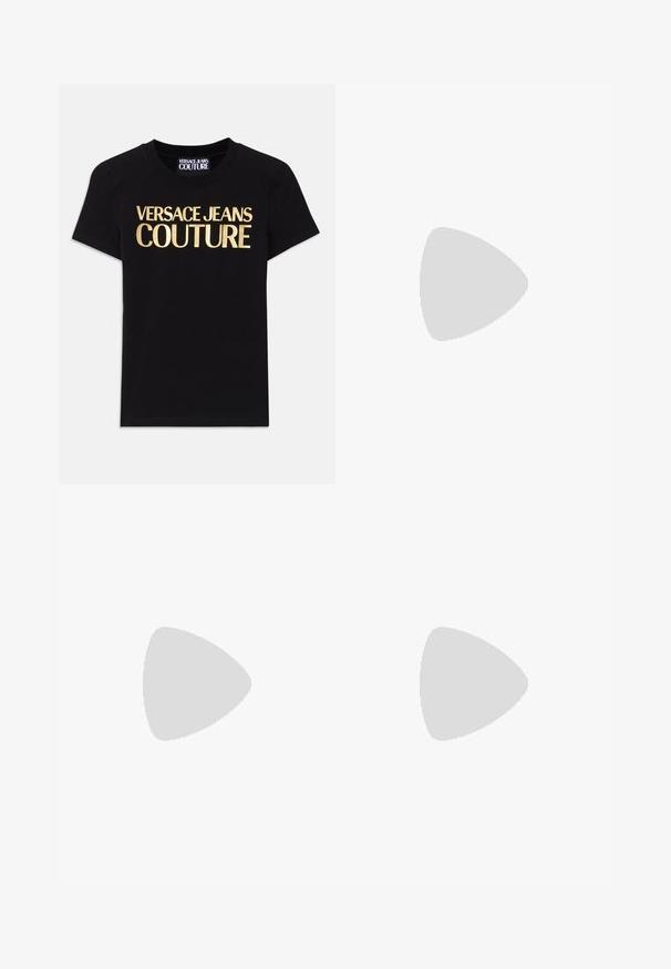 Black cotton t-shirt featuring "VERSACE JEANS COUTURE" in large gold lettering on the front, short sleeves and a crew neckline.; Wide-leg trousers in cream fabric with a textured surface. Features side pleats and a decorative belt with a circular buckle accent.; Black patent leather sandal with three straps, ankle buckle, and 4-inch stiletto heel. Features gold hardware detail and logo charm.; Black cat-eye sunglasses with dark lenses, featuring gold geometric accents on the temples and a sleek matte finish.