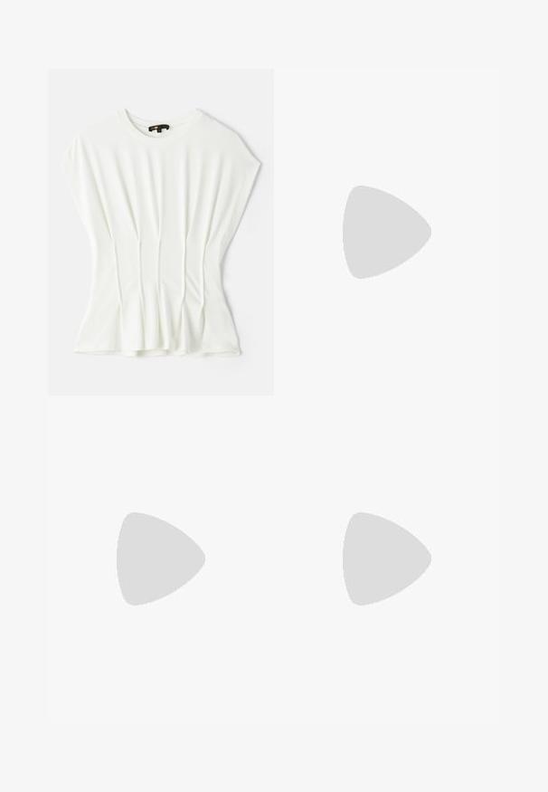 White short-sleeve top with a relaxed fit, featuring soft fabric, pleated detailing on the front, and a round neckline.; Light pink high-waisted wide-leg trousers, featuring a smooth, shiny texture, pleats at the front, and a matching belt.; Black leather slingback shoe with a pointed toe and gold metallic cap. Features cut-out design and a slender heel with an adjustable strap.; Black handbag with a smooth texture, featuring a gold chain strap, zip closure, and a decorative gold emblem on the front.
