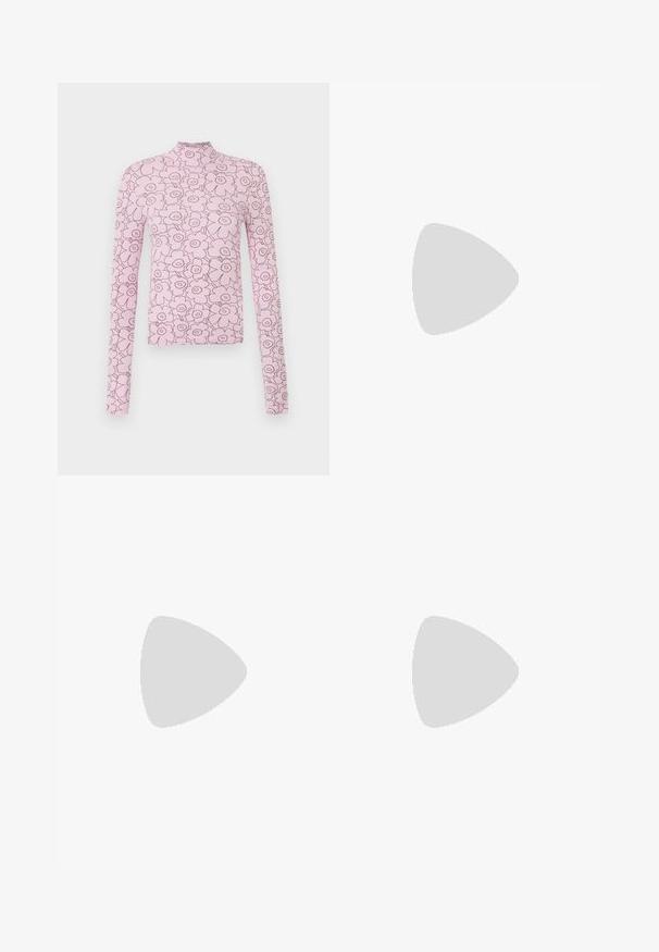 Pink long-sleeve top with a high collar, featuring a floral pattern outlined in darker pink. Made from ribbed fabric, close-fitting design.; Pleated skirt with a floral black and white pattern, featuring a light top half with flowers and a solid black bottom hem.; White leather sneakers with a thick white sole, black suede heel accent, and embossed logo on the side. Laced design with six eyelets.; Black oversized sunglasses with a geometric shape, featuring dark lenses and a contrasting grey detail on the frame. Logo on the arm.