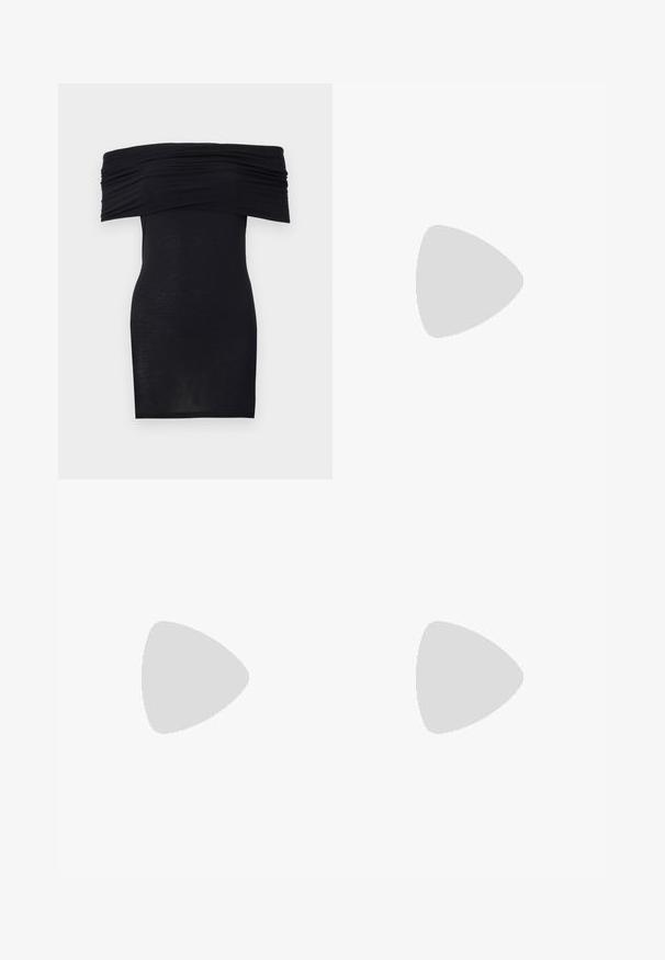 Black off-the-shoulder dress with gathered neckline, slim fit, and smooth texture. Minimalist design, knee-length with no additional embellishments.; Gray herringbone-patterned skirt with a wrap design, featuring a textured fabric and a clean, straight hem.; Black patent leather high-heeled shoes with a square toe, ankle strap, and a chunky heel. Includes perforated detailing along the rim.; Brown suede handbag with a structured shape, rounded body, and elongated diamond-shaped handles. Features a silver hardware closure.