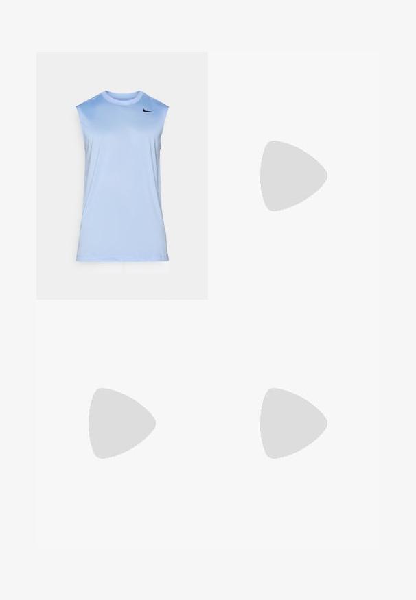 T-shirt de sport sans manches bleu clair en tissu léger, avec un col rond et un petit logo Nike noir sur la poitrine.; Shorts de sport noirs en tissu côtelé, dotés d'une taille élastique avec cordon de serrage et d'un petit logo Nike blanc sur le côté gauche.; Chaussure de sport blanche avec un accent vert, logo noir, tige en mesh, semelle rembourrée et talon arrondi. Présente des lacets et des détails contrastés.; Lunettes de sport noires avec des verres dégradés de rose à violet et un design géométrique élégant. Comprend un nez ajustable et un accent de logo sur la branche.