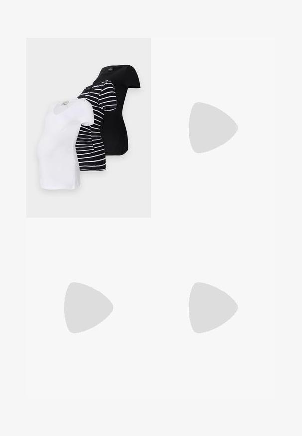 Three maternity t-shirts: one plain white, one black, and one black and white striped. All have short sleeves and soft, stretchy fabric.; Black maternity jeans with a wide, stretchy black waistband, featuring two front pockets, straight leg design, and soft cotton fabric.; White sneaker made of smooth synthetic material, featuring a rounded toe, lace-up design, flat sole, and subtle perforated detailing.; Brown suede tote bag with a soft texture, featuring a single shoulder strap and a subtle curved top opening. No visible hardware details.