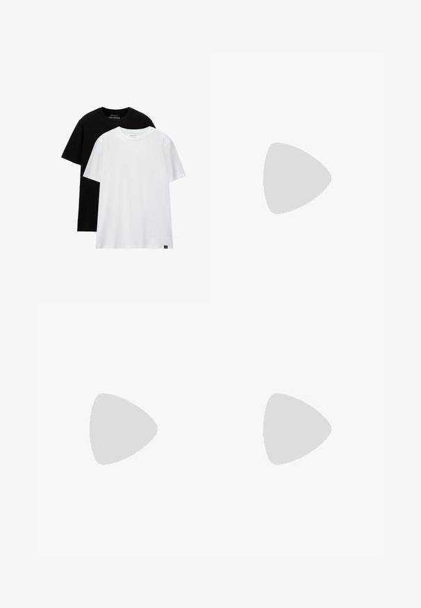 Two regular fit t-shirts, one black and one white, made from cotton. Each has a crew neck and short sleeves. Simple design, no patterns.; Khaki trousers with a straight-leg design, featuring a button closure and pleated front. Made from smooth fabric with a matte finish.; Black leather loafer with a smooth finish, featuring a stitched design and a decorative metal chain accent across the vamp. Flat heel.; Round sunglasses with a transparent frame, light green lenses, and thin, clear temples. Features subtle hardware accents on the frame.