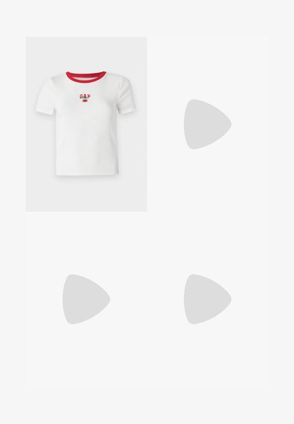 White short-sleeve t-shirt with red ribbed collar, featuring embroidered "GAP" text and cherry design on the front. Made of ribbed fabric.; Patterned fabric featuring a landscape scene with green trees, red flowers, a red-roofed house, and a blue sky. Smooth texture.; Leopard print sneakers with beige suede upper, tan rubber sole, and white accents. Round toe and lace-up design with a textured finish.; Olive green faux leather handbag with silver star accent, dual handles, and a zip closure. Textured surface and structured shape.