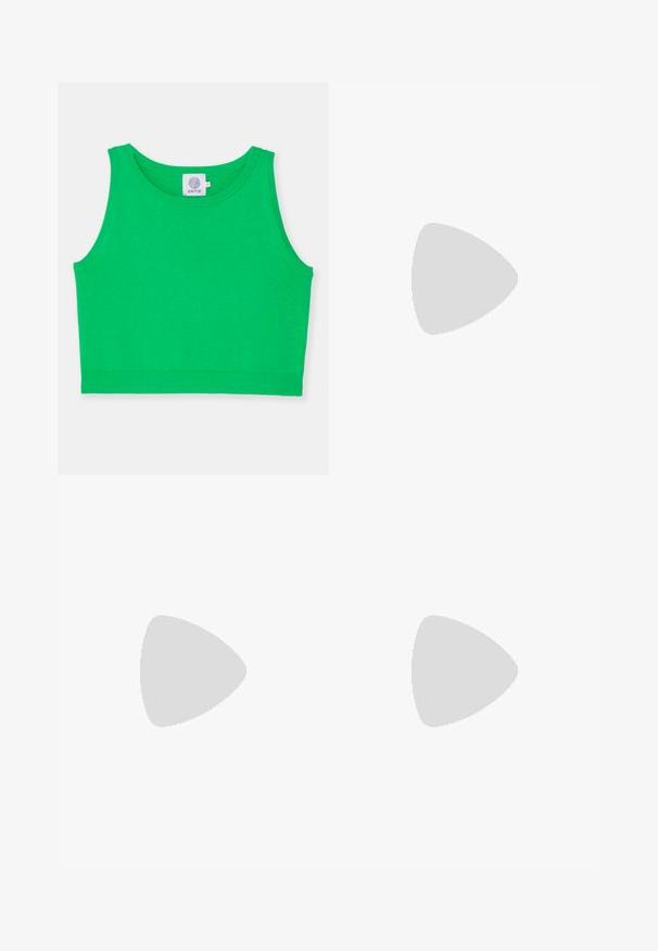 Green cropped tank top made of soft fabric with a round neckline and ribbed trim. No patterns or accents. Label visible at neckline.; Black and white checkered trousers. Made of woven fabric, featuring a slightly cropped design and wide cuffs at the hem.; Stuart Weitzman STUART - Classic heels - black; Round black sunglasses with clear lenses, thin black arms, and small metallic accents on the front. Classic design with minimalist style.