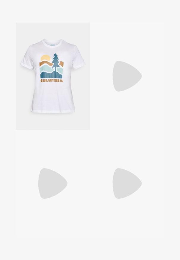 T-shirt branca de manga curta com uma graphic de um sol, árvore, montanhas e a palavra "Columbia" em letras castanhas na parte da frente.; Calças cargo em tecido verde-oliva, com um corte solto, múltiplos bolsos laterais e fecho com botão na cintura. Textura suave.; Columbia REDMOND - Sapatos de caminhada - black/citron haze; Óculos de sol castanhos, redondos, com uma armação de tortoise e amarelo claro transparente, com braços angulares e detalhes texturizados nas hastes.