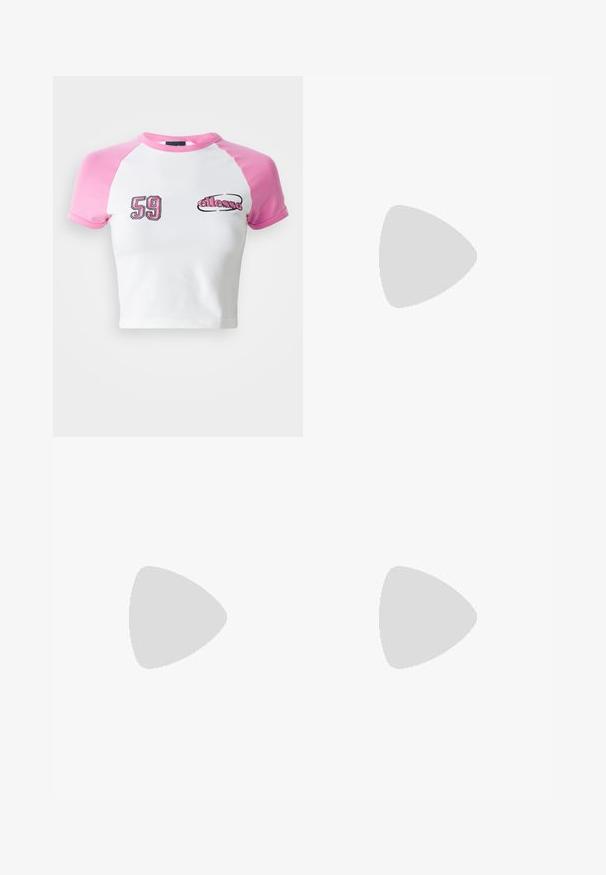 Zkrácený tričko s bílým tělem a růžovými raglánovými rukávy. Obsahuje vyšívané číslo "59" a logo "ellesse" v kontrastní černé a růžové barvě.; Kalhoty s širokými nohavicemi v světlém béžovém odstínu, vyrobené z elastického materiálu, se stahovací šňůrkou v pase a bočními kapsami. Hladká textura s minimálním zdobením.; Béžové sportovní boty s síťovaným svrškem, texturovanými detaily a gumovou podrážkou. S výrazným logem na boku a šněrováním.; Pilotské sluneční brýle s modrými gradientními skly, stříbrným kovovým rámem a dekorativními hvězdnými akcenty na sklech. Hladký a elegantní design.; Růžový nylonový batoh s šikmým designem, stříbrné logo Nike, dvojité zipy a nastavitelný popruh s uzávěrem na sponu.