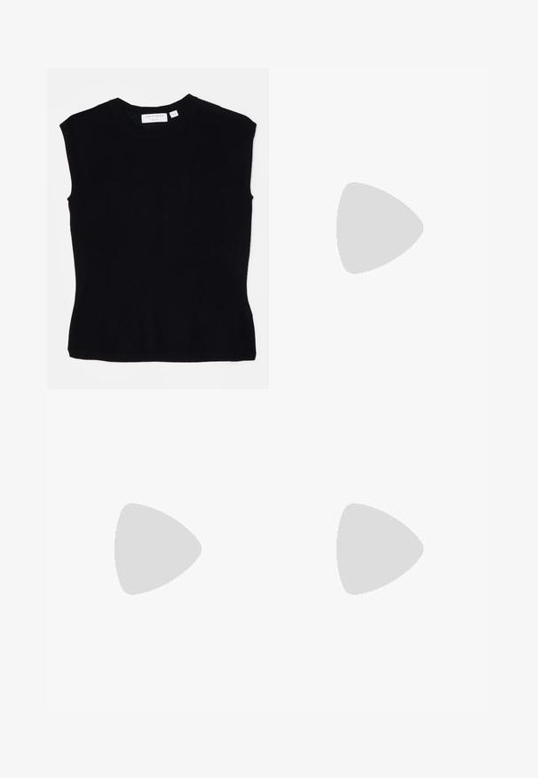 Top negru fără mâneci, fabricat dintr-un material tricotat, cu un decolteu rotund și o siluetă ajustată, având o textură netedă. Etichetă pe spate.; Pantaloni wide-leg satinat de culoare albastru închis, cu talie elastică și șnur reglabil. Prezintă o textură netedă și manșete tapered la tiv.; By Malene Birger KLEVA - Sandale cu platformă - black; Geantă din piele cu model de crocodil negru, cu un design structurat, mână superioară, curea ajustabilă și un detaliu proeminent cu logo pe față.