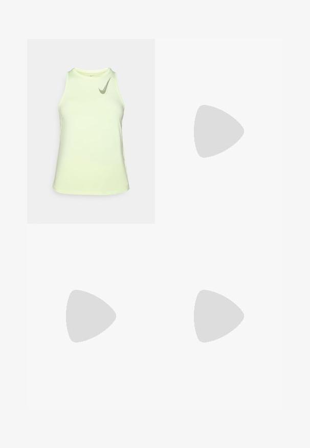 Canottiera sportiva gialla chiaro con scollatura rotonda, design senza maniche e un piccolo logo grigio Nike sul lato sinistro superiore.; Pantaloni sportivi verdi neon con vita arricciata, tessuto leggero e un piccolo logo Nike grigio sul lato destro anteriore.; Scarpa da corsa viola con tomaia in tessuto traspirante, colletto imbottito, intersuola con spessore ammortizzante e suola in gomma testurizzata.; Marsupio in tessuto nero con tasca con zip, tracolla regolabile e texture liscia, progettato per comfort e praticità.