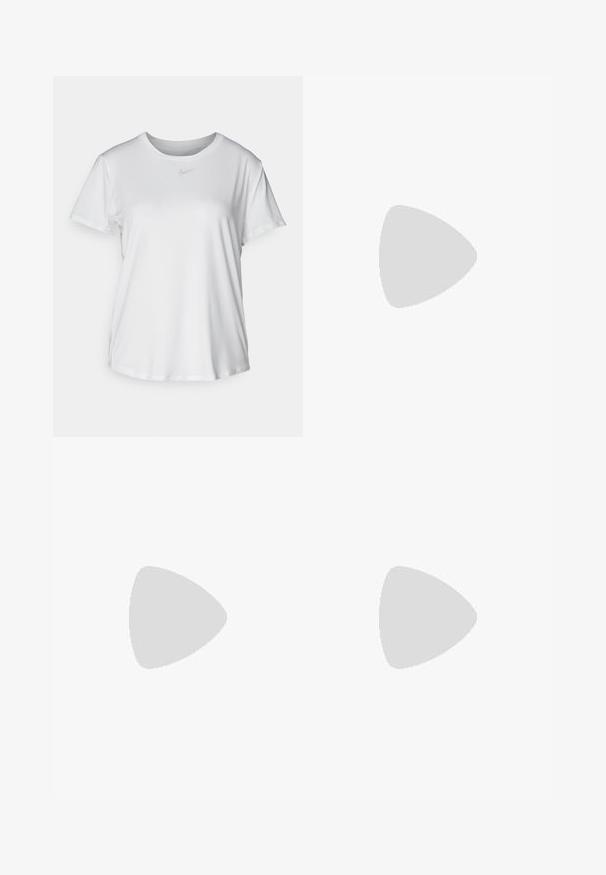 Valge lühikeste varrukatega T-särk, mis on valmistatud siledast kangast, ümarate kaelustega ning mille rinnal on väike hall Nike logo.; Lilla kõrge vöökoht leggings, millel on sile ja veniv tekstuur ning Nike logo vöökoha peal, on loodud mugavuseks ja liikumiseks.; Nike Performance DOWNSHIFTER 13 - Maanteejooksu jalatsid - sail/silver-coloured photon dust/summit white/barely volt/black; Valged raamidega päikeseprillid, millel on suured gradiendiklaasid roosa kuni heleda oranži tooniga, mida rõhutab sinine ninatükk ja logo detail.