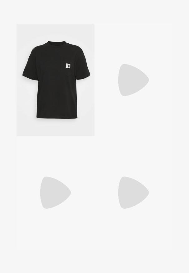 Black cotton T-shirt with short sleeves, round neckline, and a front pocket featuring a square logo in white and black.; Wide-leg blue denim trousers with a high waist, contrasting stitching, and side pockets, featuring a classic five-pocket design and raw hems.; Black leather loafers with a rounded toe, stitched detailing, and a low block heel. Smooth texture with no visible patterns or accents.; Black shoulder bag with a curved design, padded fabric, adjustable strap, and subtle logo. Features a zippered compartment and textured accents.