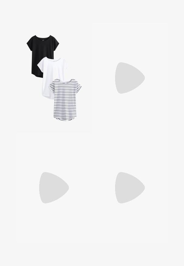 Trīs īslaicīgas piedurknes T-krekli: viens melns, viens balts un viens balts ar tumši ziliem svītrainiem. Visiem ir noapaļots kakla izgriezums un mīksts kokvilnas audums.; Gaiši zaļš slāņots svārku, kas izgatavots no caurspīdīgas auduma, ar elastīgu jostasvietu un plūstošu, pakāpenisku dizainu ar mīkstu tekstūru.; Sudraba metāliska slēgta papēža sandale ar zemu papēdi, kurai ir krustveida siksnas un gluda virsma. Minimalistisks dizains.; Sudraba metāla rokassoma ar struktūru formu, aprīkota ar augšējo rokturi un priekšpusē esošu loku. Gluda tekstūra, atstarojoša virsma.