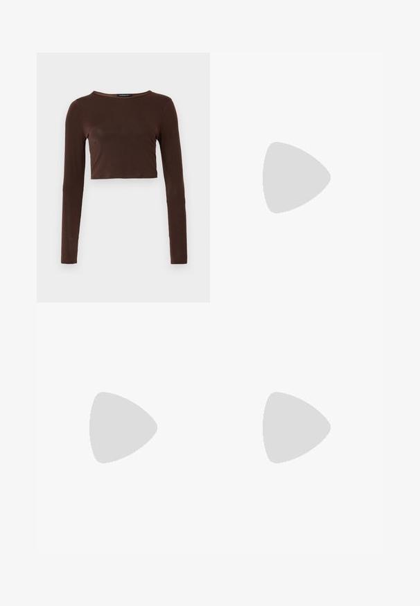 Brown long-sleeve cropped top made of smooth material, featuring a rounded neckline and form-fitting design. No visible patterns or accents.; Red fabric covered in shiny red sequins shaped like flowers, featuring varying sizes and textures, creating a layered, textured appearance.; Black and white sneakers with a suede and leather upper, featuring three white stripes, a perforated toe, and a gum rubber sole.; Brown leather tote bag with two long handles, structured shape, smooth texture, and minimalistic design. No visible hardware or accents.