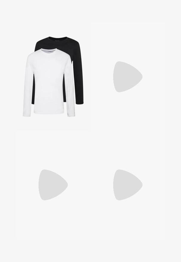 Kaksi pitkähihasta paitaa, yksi musta ja yksi valkoinen, puuvillasta valmistettuja, pyöreäkaula-aukolla ja sileällä pinnalla, esillä pinoamalla.; Lyhythempärinen paita vaaleanbeigeistä kankaasta, jossa on tummansinisellä karttakuva, klassinen kaulus ja etutasku.; Vaaleat lahkeet tummansinisestä kankaasta, jossa on monimutkainen oranssi geometrinen kuvio, laskostettu etuosa ja istuva vyötärö.; Mustat nahkaiset loafersit, joissa on sileä pinta, koristeellinen hapsu, paksu kumipohja ja ommellut yksityiskohdat. Kevyt ja virtaviivainen muotoilu.