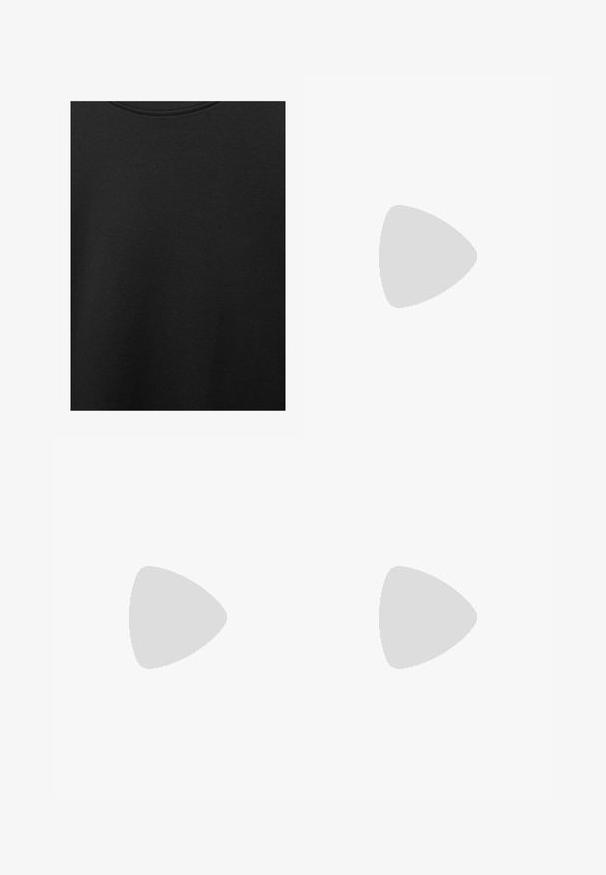 Tessuto di cotone nero con una texture liscia e scollatura rotonda, caratterizzato da un motivo a grana sottile e uniforme. Nessun logo o accento visibile.; Pantaloni larghi neri, tagliati alla caviglia, realizzati in tessuto liscio. Presentano pince frontali e una vita aderente. Design semplice e minimalista.; Sneaker beige con accenti metallici, design testurizzato e dettagli in strass, abbinati a jeans dritti di colore blu chiaro.; Borsa a tracolla in pelle nera con due manici lunghi, una texture liscia e una forma strutturata. Presenta una tasca frontale per ulteriore spazio di archiviazione.