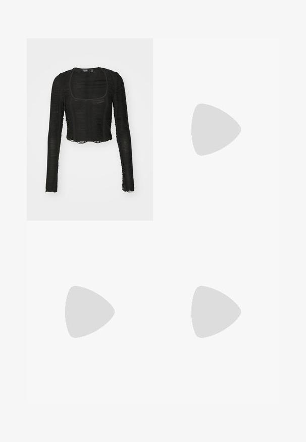 Black long-sleeve cropped top with a square neckline, featuring a textured ribbed design and raw hem detailing. Transparent, lightweight fabric.; Black and white flared pants featuring a geometric floral pattern. Made from lightweight fabric with a smooth texture.; Black canvas shoes with a white sole, featuring a cutout design and a gold buckle strap. Worn with pink track pants.; Black cat-eye sunglasses with a matte finish, featuring a sleek design and gently curved edges, set against a model's dark clothing.