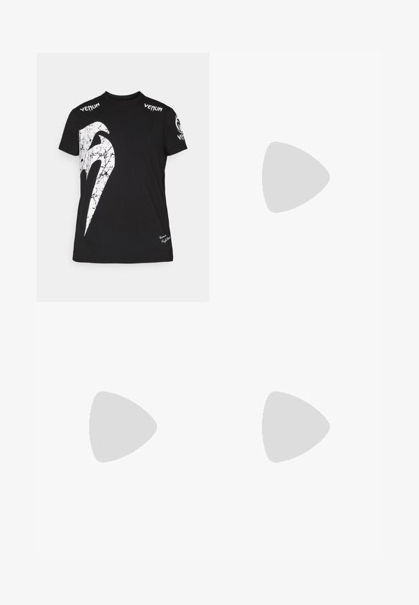 Čierne bavlnené tričko s veľkým bielym prasknutým grafikom na prednej strane, logom Venum na pleciach a malým logom na leme.; Čierne tréninkové šortky zo saténu s elastickým pásom, zdobené žltými a bielymi plameňmi a značkou "VENUM" na prednej strane a bokoch.; Vysoké športové topánky s čiernou sieťovinou a béžovými akcentmi. Štruktúrovaná gumová podrážka a detail loga na boku.; Čierne boxerské rukavice s matným povrchom a ergonomickým dizajnom. Oranžové logo a manžety s maskáčovým vzorom.