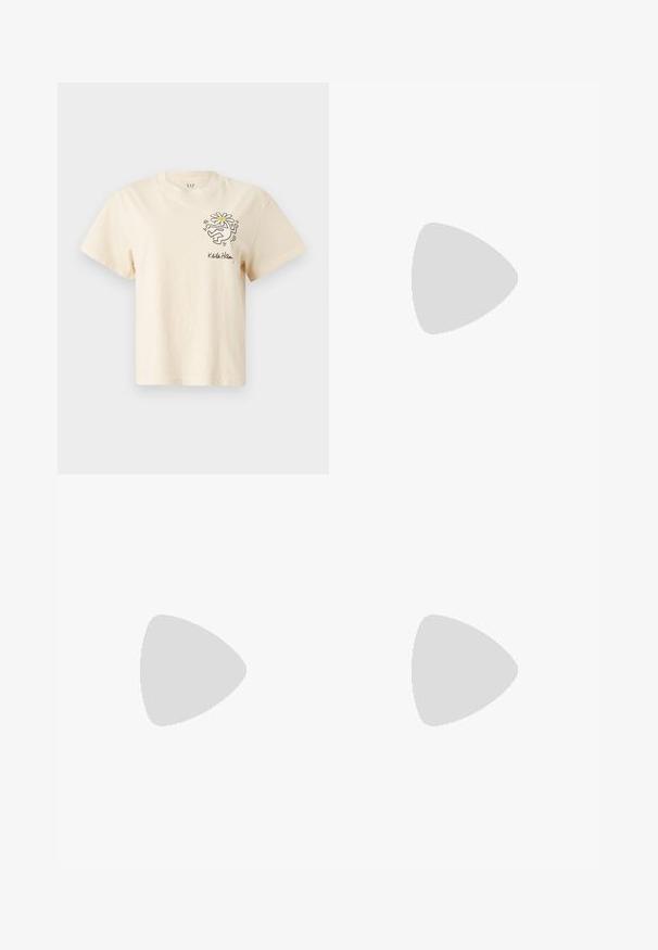 Cream cotton t-shirt featuring short sleeves, a round neckline, and a printed design of a figure holding a flower on the left chest.; Light beige, loose-fitting trousers with an elastic waistband and subtle texture. Straight legs taper slightly at the ankles.; White high-heeled sandal with a chunky heel, featuring a strappy design and ankle tie. Smooth texture with a platform front for added height.; White shoulder bag with a textured finish, a central buckle accent, and a curved shape. Zipper closures on both sides.