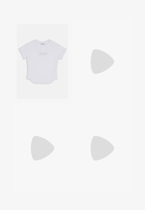 T-shirt bianco a maniche corte con orlo arrotondato, caratterizzato dalla scritta "Juicy" con decorazioni in cristallo sulla parte anteriore. Materiale in morbido cotone.; Leggings neri con vita alta, tessuto strutturato e vestibilità aderente, abbinati a scarpe da ginnastica nere. La parte superiore è parzialmente coperta da un crop top.; Sneaker chunky bianchi con una parte superiore testurizzata, pannelli in mesh e suole di gomma spesse con un modello di battistrada prominente. Inclusi lacci e linguetta per il tallone.; Borsa in tela color beige chiaro con due manici resistenti, rifiniture bianche a contrasto e logo "THE NORTH FACE" in nero sul davanti.