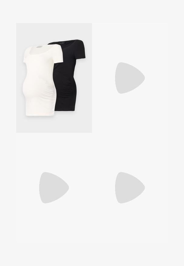 Due bluse premaman a maniche corte, una bianca e una nera, realizzate in tessuto elasticizzato, con scollo rotondo e arricciature sui lati.; Leggings da maternità neri con vita alta per supporto, design aderente e tessuto morbido ed elasticizzato per il comfort.; Scarpe da ginnastica nere con tomaia testurizzata, caratterizzate da un distintivo logo "N", suola imbottita e un profilo elegante e moderno.; Borsa a tracolla nera in pelle con una texture liscia, forma rettangolare e dettaglio in catena metallica sul davanti. Inclusa una tracolla regolabile.