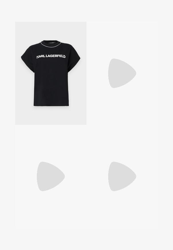 Melna kokvilnas t-kreklu ar īsām piedurknēm, ar baltu "KARL LAGERFELD" logo uz krūšu un apaļu kakla izgriezumu ar kontrastējošu apdari.; Melnas, augstām jostasvietām paredzētas bikses no gludas auduma, ar jostu ar zelta sprādzi un izplešanos kājās.; Melnas ādas slingback papēži ar norādītu purngalu, izsmalcinātu papēdi un dekoratīvu sprādzi uz priekšpuses. Gluda tekstūra un elegants dizains.; Melnām un baltām svītrām rotāta rokassoma ar strukturētu formu, ar augšējo rokturi, noņemamu ķēdes siksnu un metāla logotipa akcentu.