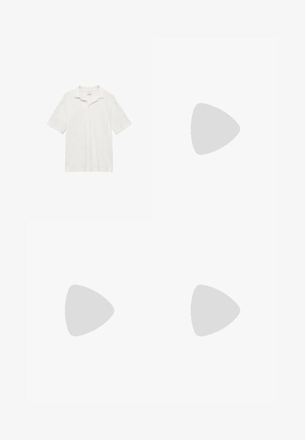 Polo à manches courtes en coton écru, avec un col classique, des fentes sur les côtés et une surface texturée pour un confort optimal.; Pantalon blanc en tissu lisse, avec une coupe droite, des poches avant et une fermeture à un bouton au niveau de la taille.; Mocassins en cuir marron avec un talon plat, ornés d'un accent métallique décoratif à l'avant, au design épuré et à la texture lisse.; Sac fourre-tout en nylon vert avec une texture lisse, de grande taille et deux poignées robustes. Présente un logo minimaliste près du bas.; Montre en métal argenté avec un cadran bleu brossé, des index heures blancs et un affichage de la date. Comprend un bracelet métallique à maillons et le logo de la marque.; Boucles d'oreilles en croix dorées avec une finition lisse et une boucle suspendue, présentant un design simple et allongé. Chaque croix est de taille uniforme.